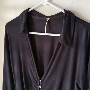 Free People black long balloon sleeve ruched front banded waist blouse top